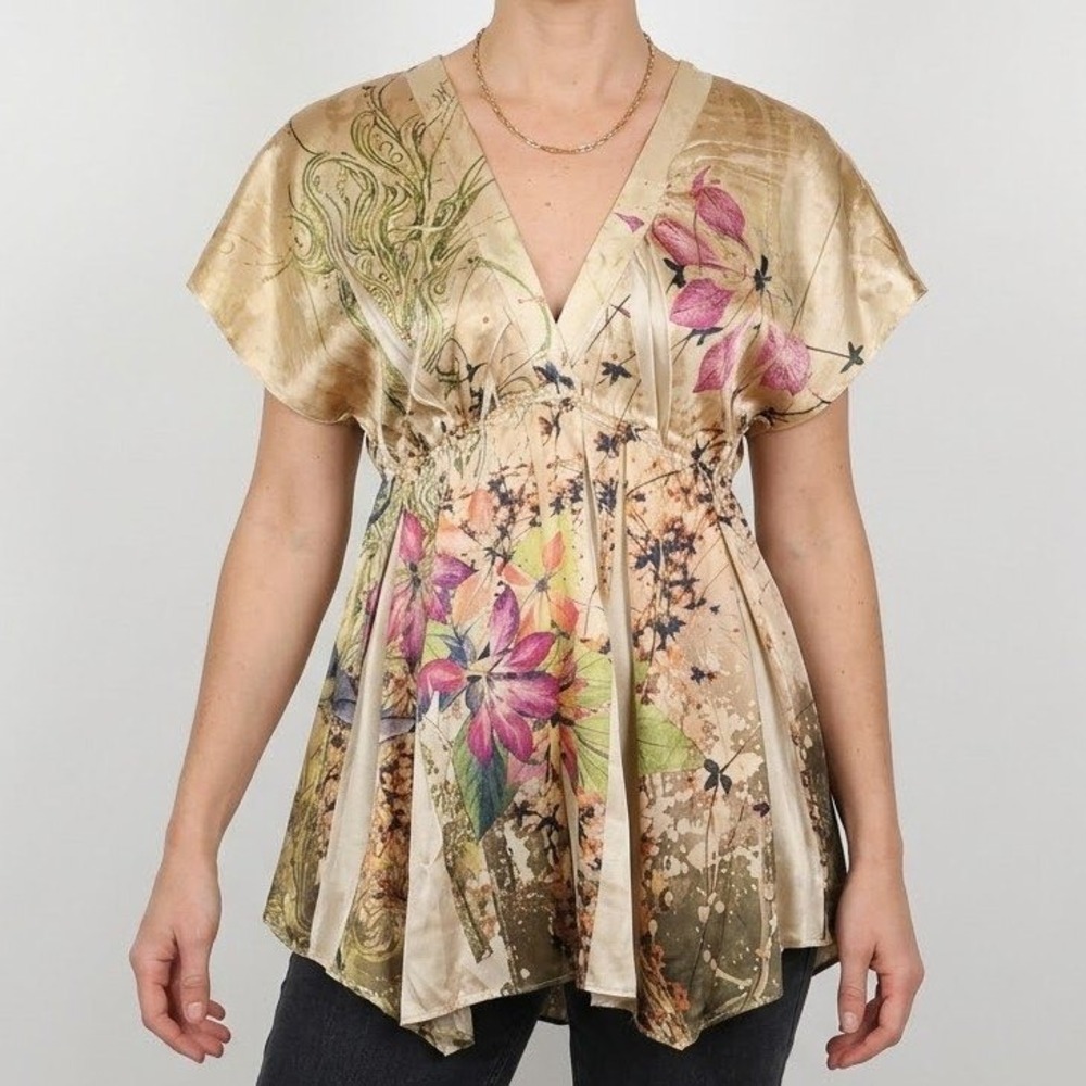 Moa Moa‎ Floral V-Neck Tunic Top Womens Medium Gold Satin Pleated Boho Fairycore